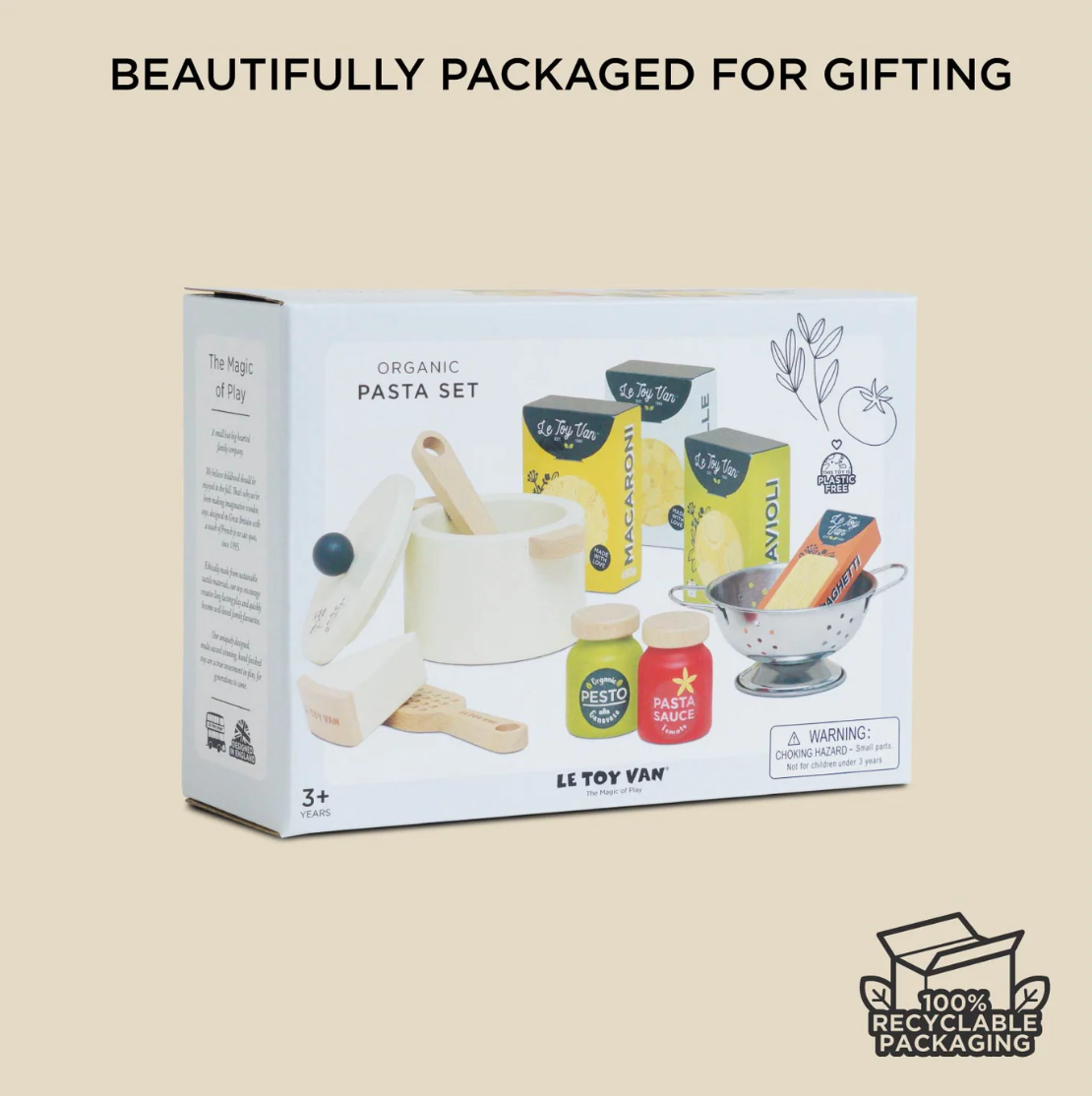 LE Toy Van organic pasta set packaging on a beige background with text 'Beautifully packaged for gifting'. ORGANIC PASTA SET | LE TOY VAN