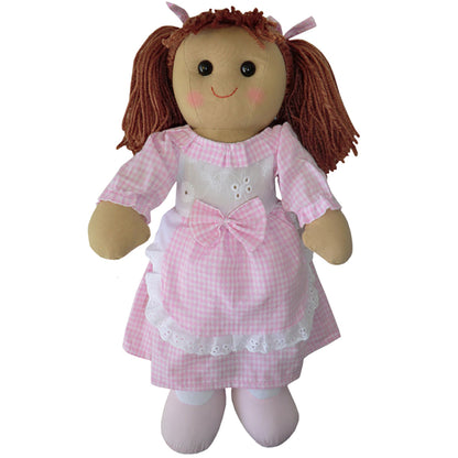 A brunette ragdoll wearing a pastel pink gingham long-sleeved dress with a white broderie anglaise bodice and a lace-edged gingham apron, with pale pink shoes. PINK GINGHAM WITH BUNCHES AND APRON RAGDOLL | POWELL CRAFT