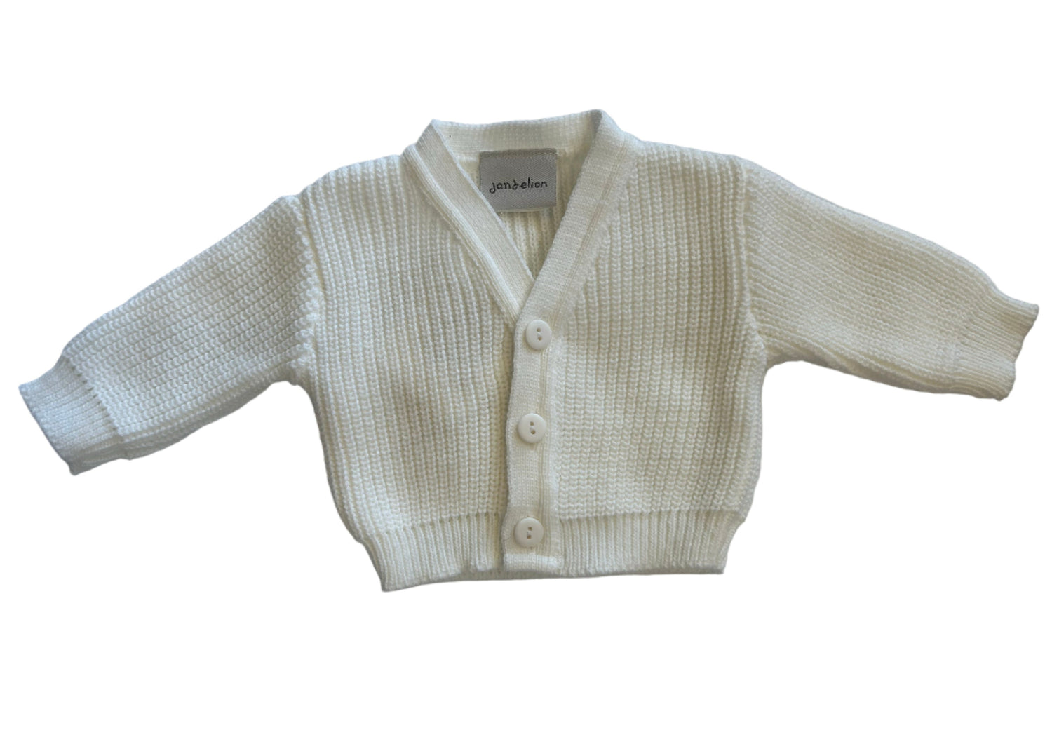 Baby cardigan with buttons on a white background. PREMATURE BABY CARDIGAN RIBBED KNIT - CLASSIC WHITE | DANDELION