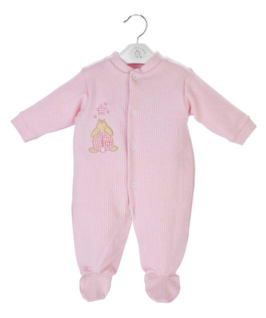 Three premature baby sleepuits in white, pink, and blue colors, with front and crotch poppers. PREMATURE BABY RABBIT & STAR SLEEPSUIT - BABY PINK | DANDELION