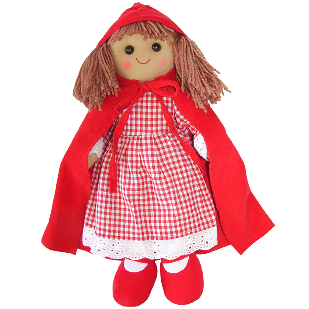 A red riding hood ragdoll with a red gingham dress, a red hooded cloak, and matching red shoes. RED RIDIDNG HOOD WITH CLOAK AND GINGHAM DRESS RAGDOLL | POWELL CRAFT