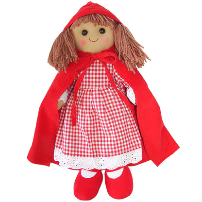 A red riding hood ragdoll with a red gingham dress, a red hooded cloak, and matching red shoes. RED RIDIDNG HOOD WITH CLOAK AND GINGHAM DRESS RAGDOLL | POWELL CRAFT