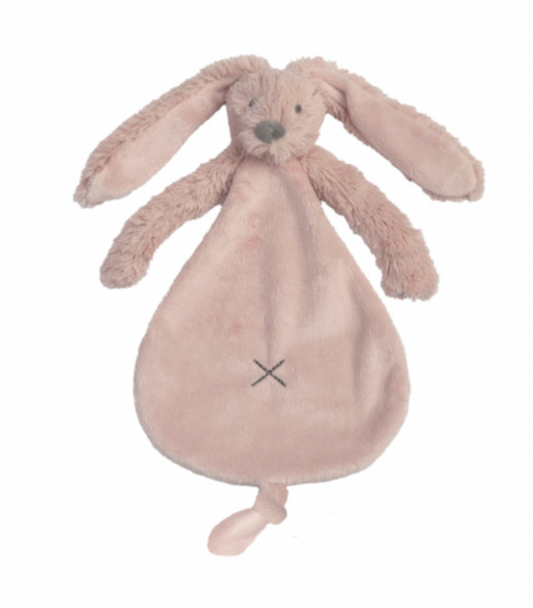 Pink plush bunny toy with a cross. RICHIE RABBIT SUPER SOFT TUTTLE COMFORTER - OLD PINK | HAPPY HORSE