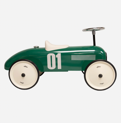 Green toy car with number 01. RIDE ON CLASSIC CAR - BRITISH RACING GREEN WITH WHITE SEAT | VILAC 