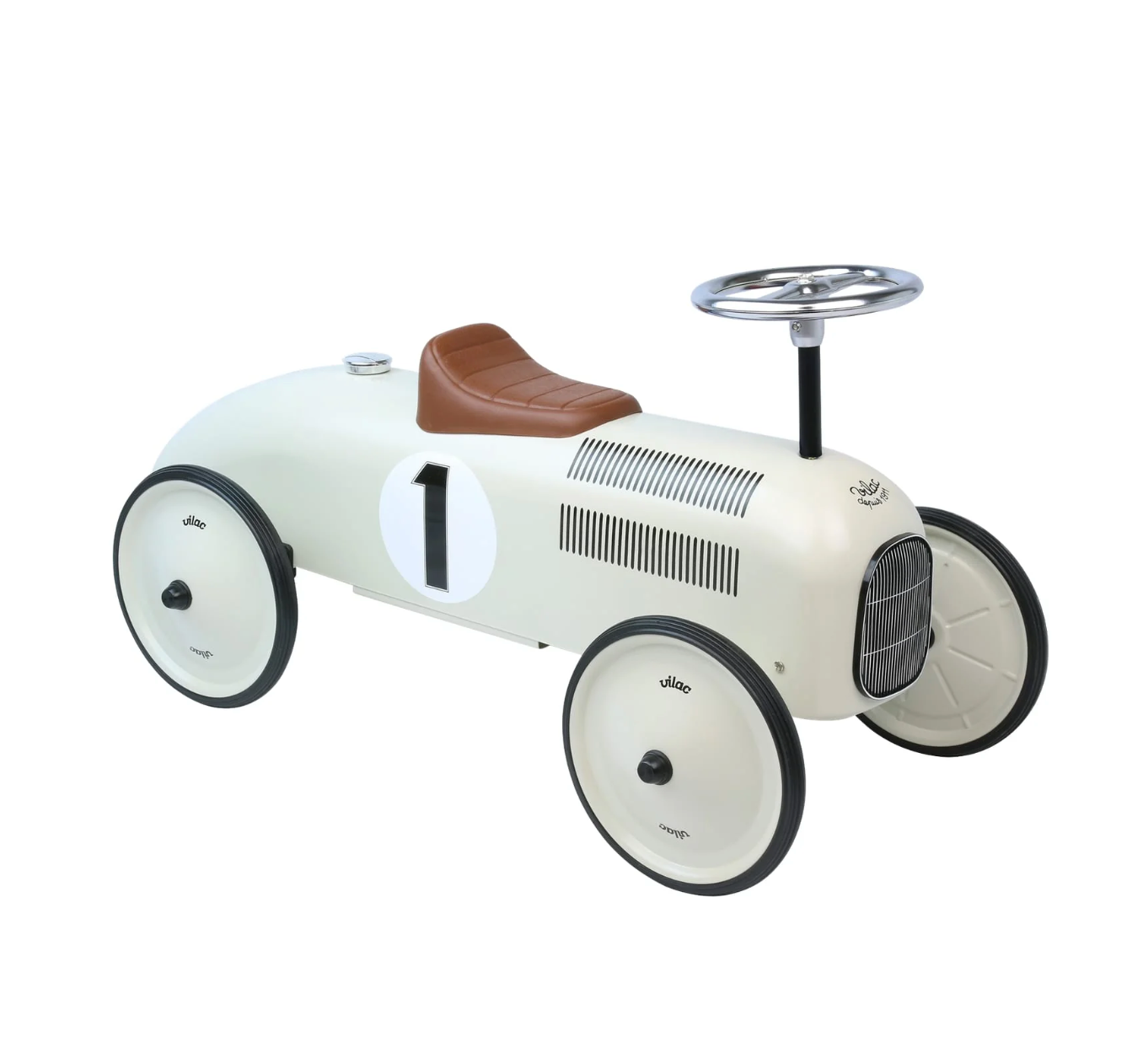 Vintage-style toy car with a brown seat. RIDE ON CLASSIC CAR - CREAM WITH TAN SEAT | VILAC