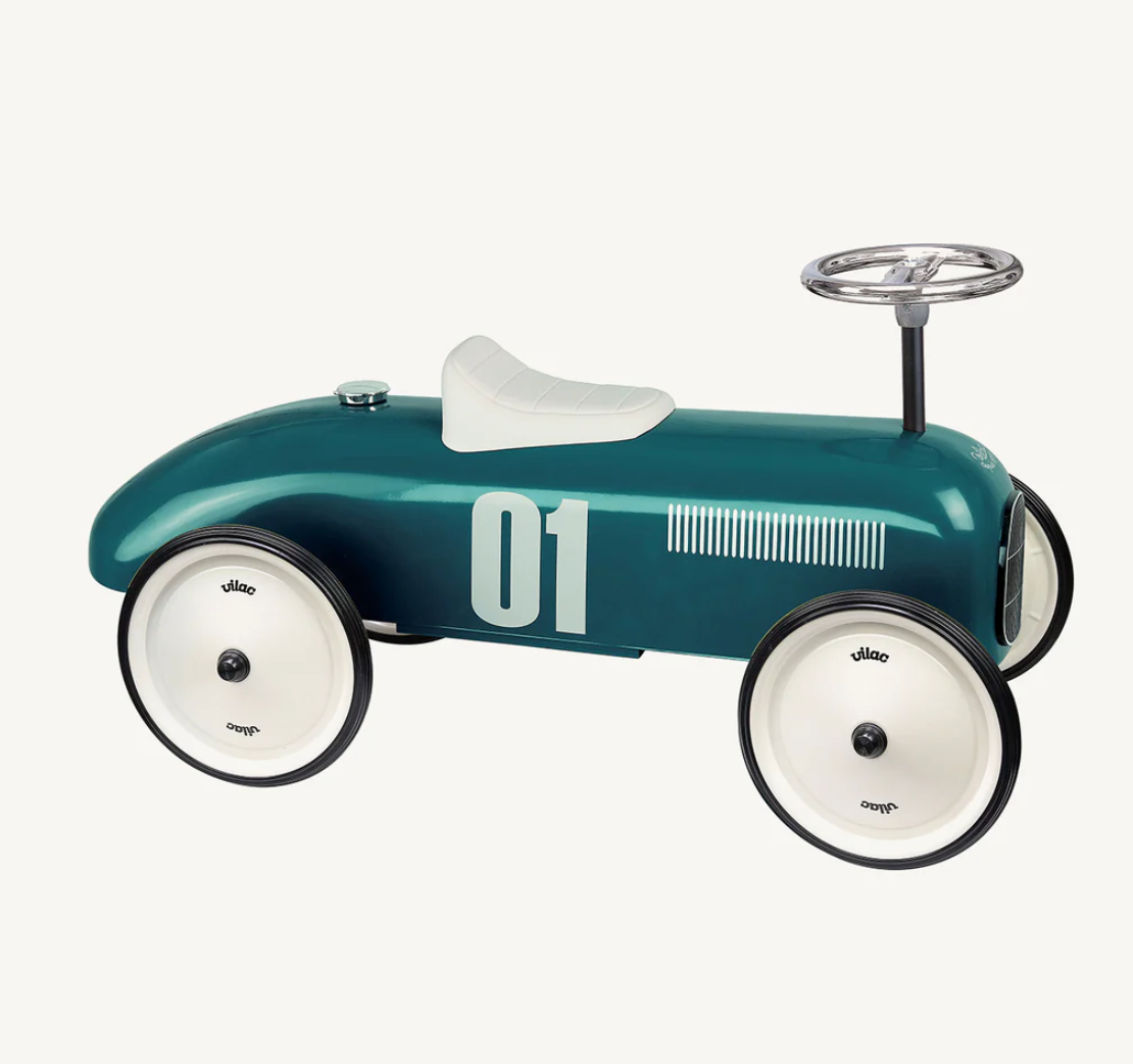 Children's toy car with a vintage design. RIDE ON CLASSIC CAR - PETROL BLUE WITH WHITE SEAT AND WHEELS | VILAC