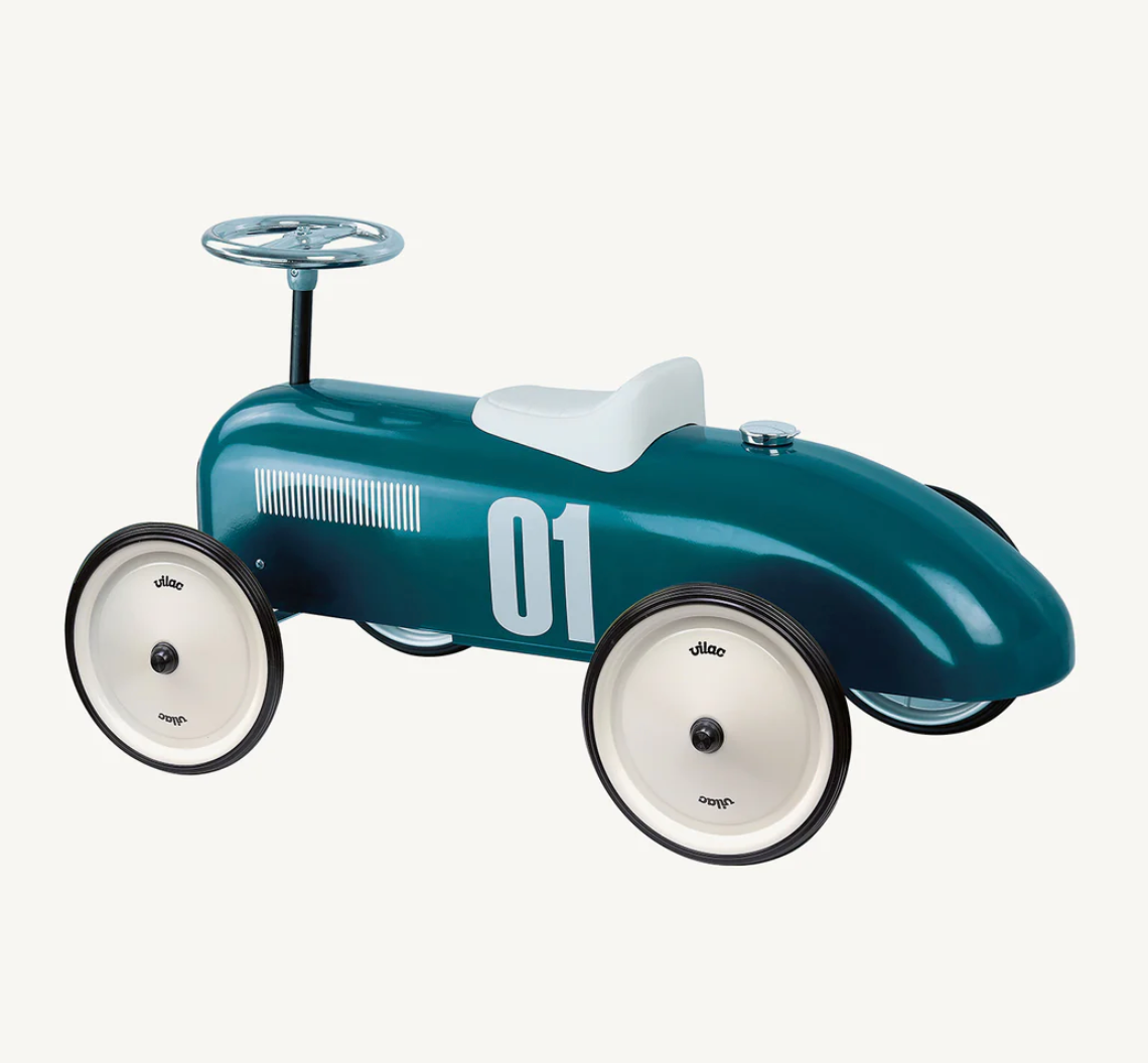 Children's toy car with a vintage design. RIDE ON CLASSIC CAR - PETROL BLUE WITH WHITE SEAT AND WHEELS | VILAC