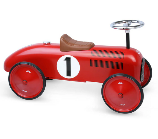 Red vintage-style toy car with number 1 on a white background. RIDE ON CLASSIC CAR - RED WITH RED WHEELS & TAN SEAT | VILAC