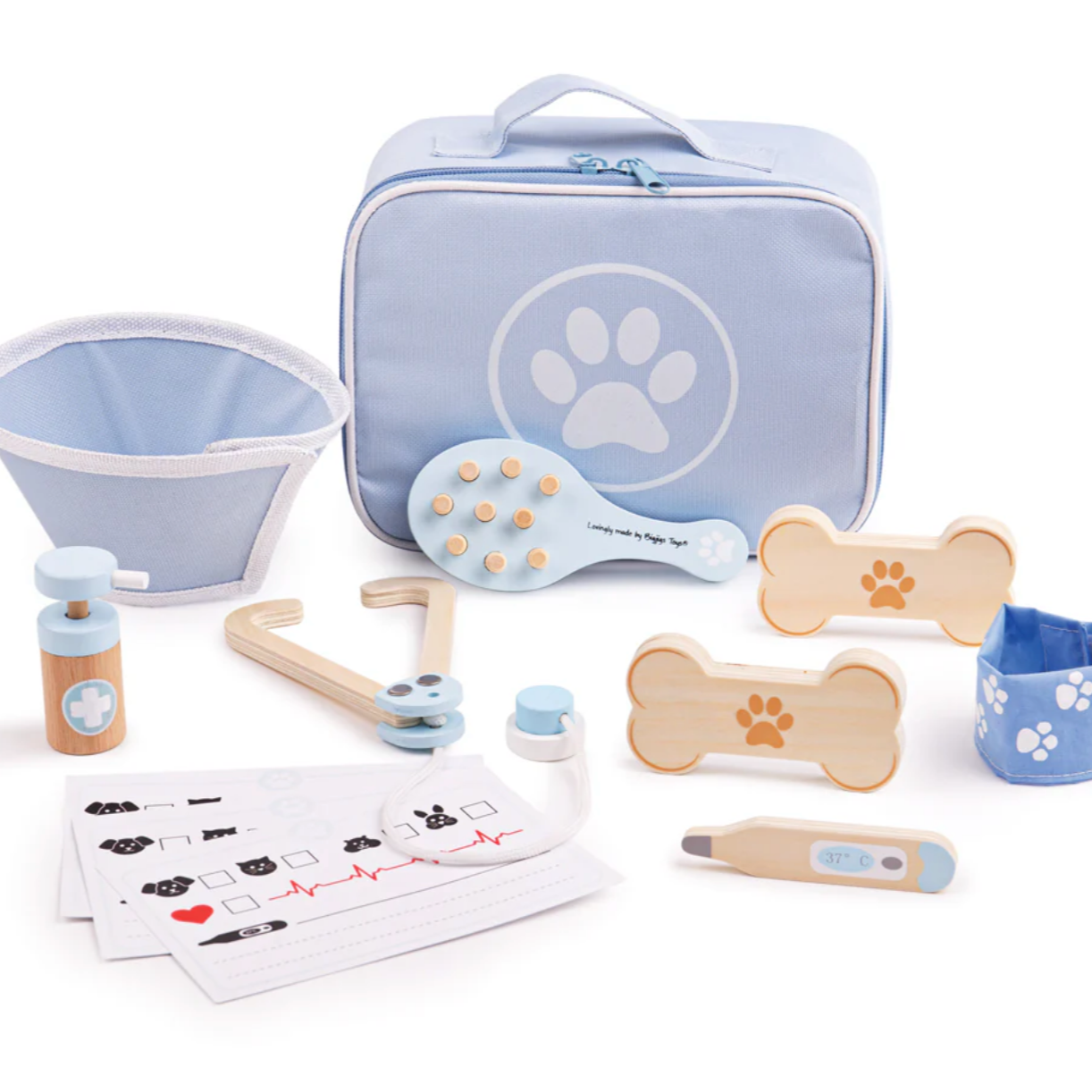 A toy vet set including a stethoscope, thermometer, otoscope, bandages, a bone-shaped pill dispenser, a carry case, and decorative animal health cards. ROLE-PLAY WOODEN VETERINARY SET | BIGJIGS