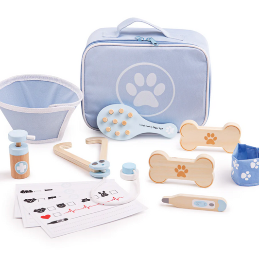 A toy vet set including a stethoscope, thermometer, otoscope, bandages, a bone-shaped pill dispenser, a carry case, and decorative animal health cards. ROLE-PLAY WOODEN VETERINARY SET | BIGJIGS