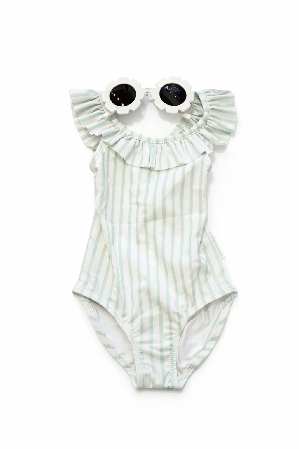 RUFFLE SWIMSUIT WITH SUNGLASSES SET- MINT STRIPE | NURSERY TIME