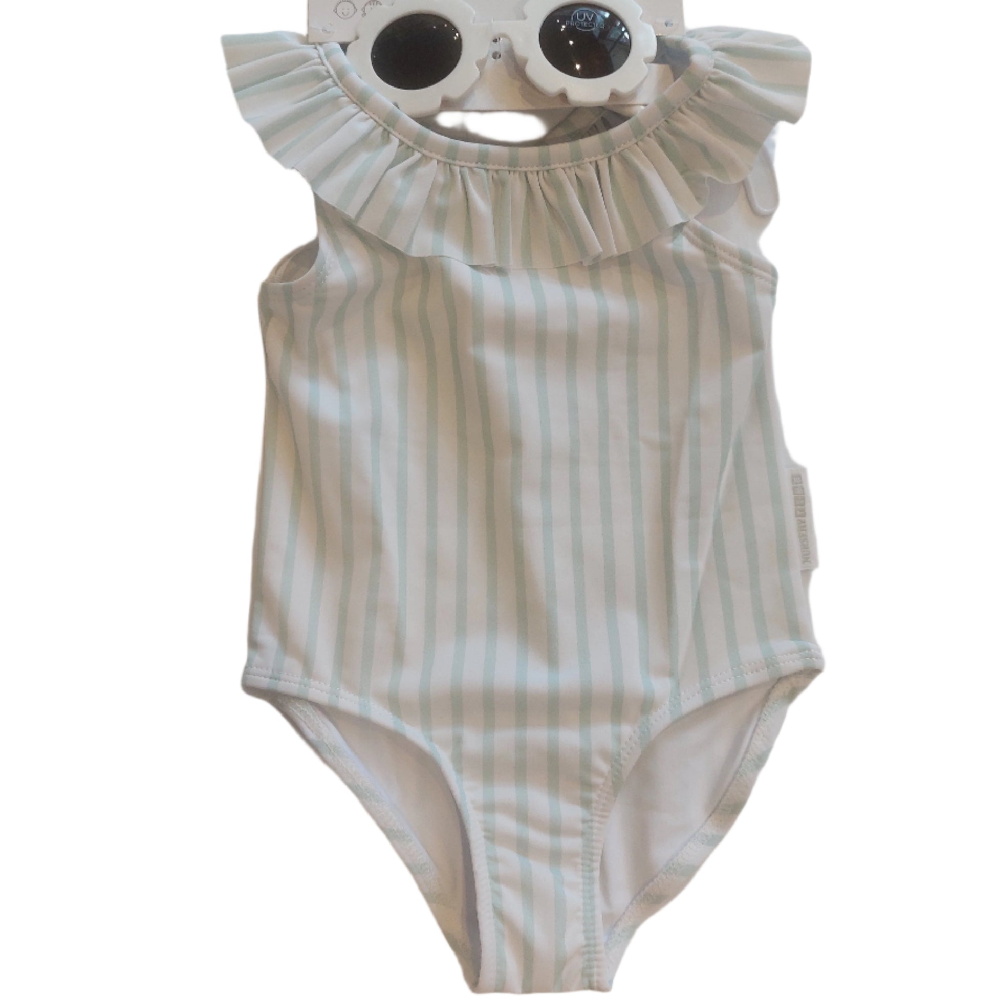 Striped swimsuit with ruffled details on a white surface. RUFFLE SWIMSUIT WITH SUNGLASSES SET- MINT STRIPE | NURSERY TIME