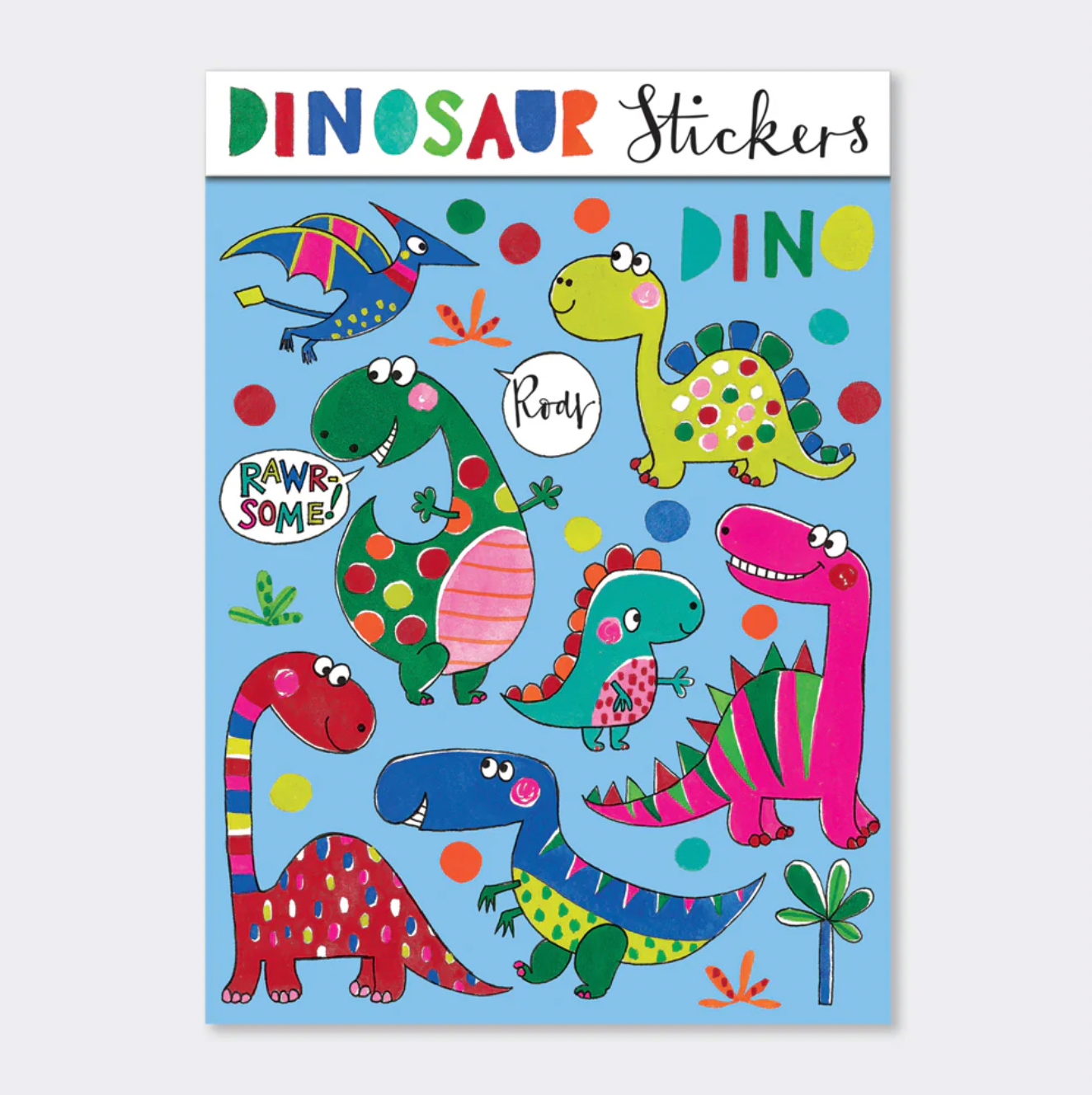 Sheet of colorful dinosaur stickers with various designs on a blue background. Rachel Ellen Dinosaur Sticker Book | Annabel's of Cranbrook