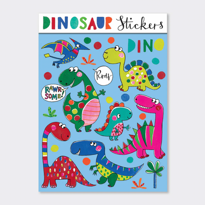 Sheet of colorful dinosaur stickers with various designs on a blue background. Rachel Ellen Dinosaur Sticker Book | Annabel's of Cranbrook