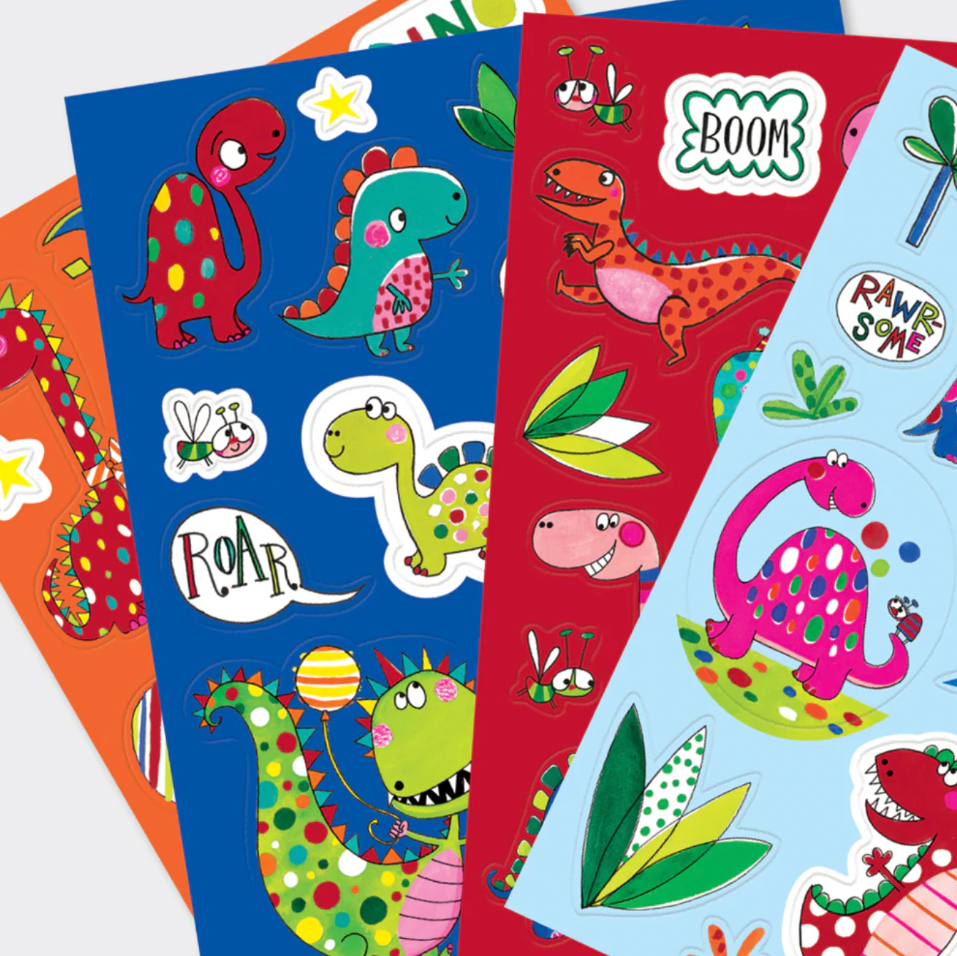 Set of colorful dinosaur-themed sticker sheets with various designs. Rachel Ellen Dinosaur Sticker Book | Annabel's of Cranbrook