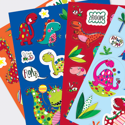 Set of colorful dinosaur-themed sticker sheets with various designs. Rachel Ellen Dinosaur Sticker Book | Annabel's of Cranbrook