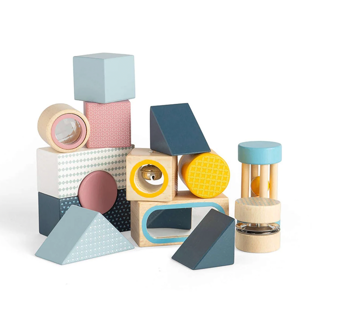 Colorful geometric wooden blocks on a white background SENSORY EXPLORER BLOCKS | BIGJIGS