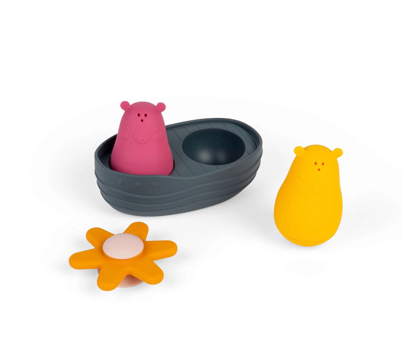 Colourful sensory bath toys including a pink hippo, yellow bear, and orange flower on a white background. SENSORY SCOUP & POUR PLAY BATH TOY SET | BIGJIGS