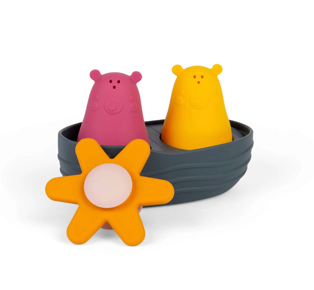 Colourful sensory bath toys including a pink hippo, yellow bear, and orange flower on a white background. SENSORY SCOUP & POUR PLAY BATH TOY SET | BIGJIGS