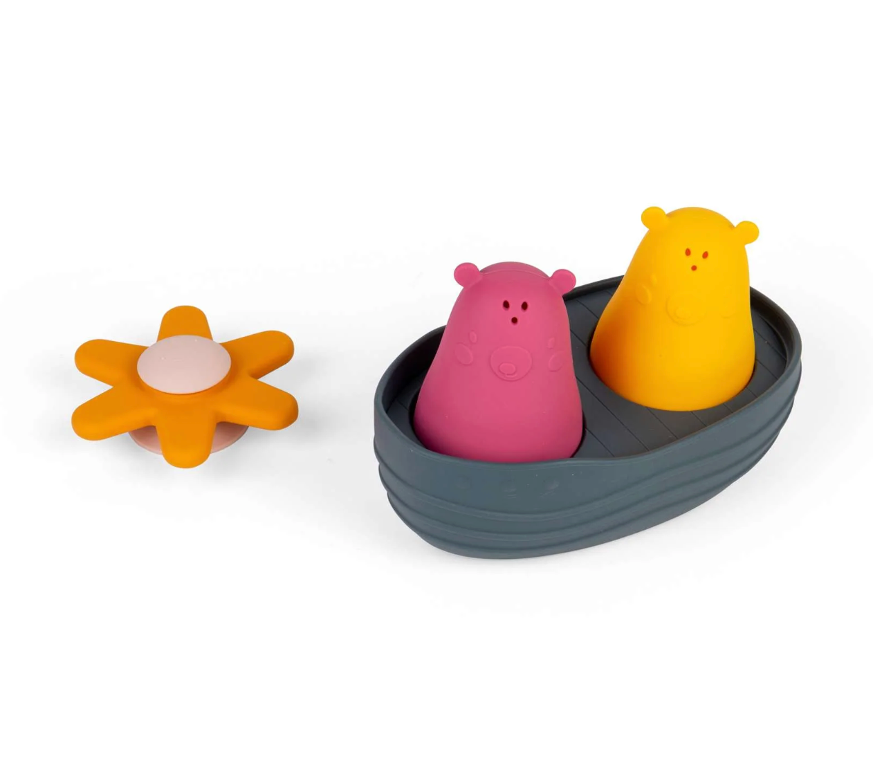 Colourful sensory bath toys including a pink hippo, yellow bear, and orange flower on a white background. SENSORY SCOUP & POUR PLAY BATH TOY SET | BIGJIGS