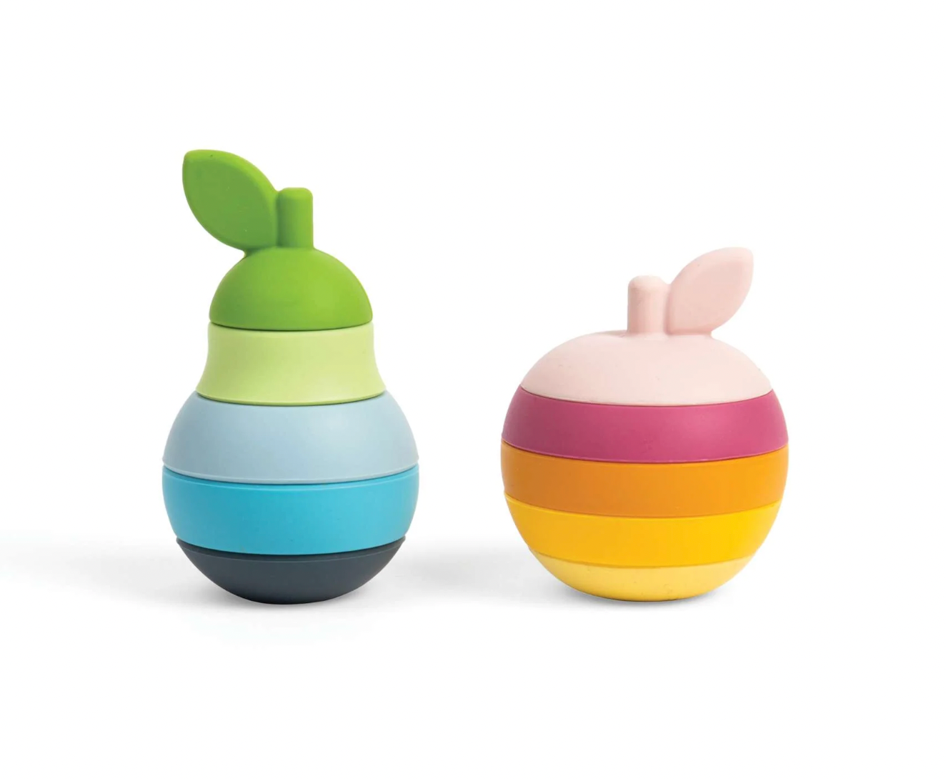 Bigjigs Two colourful silicone toy pear snd apple shaped stacking baby toys. SILICONE BABY STACKING APPLE & PEAR | BIGJIGS