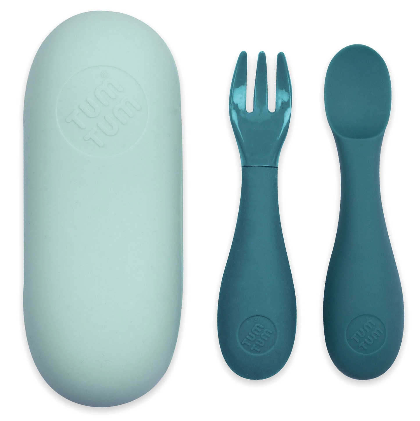 Teal fork and spoon set with carrying case. SILICONE BABY TRAVEL CUTLERY SET WITH CASE - 2 COLOURS | TUM TUM