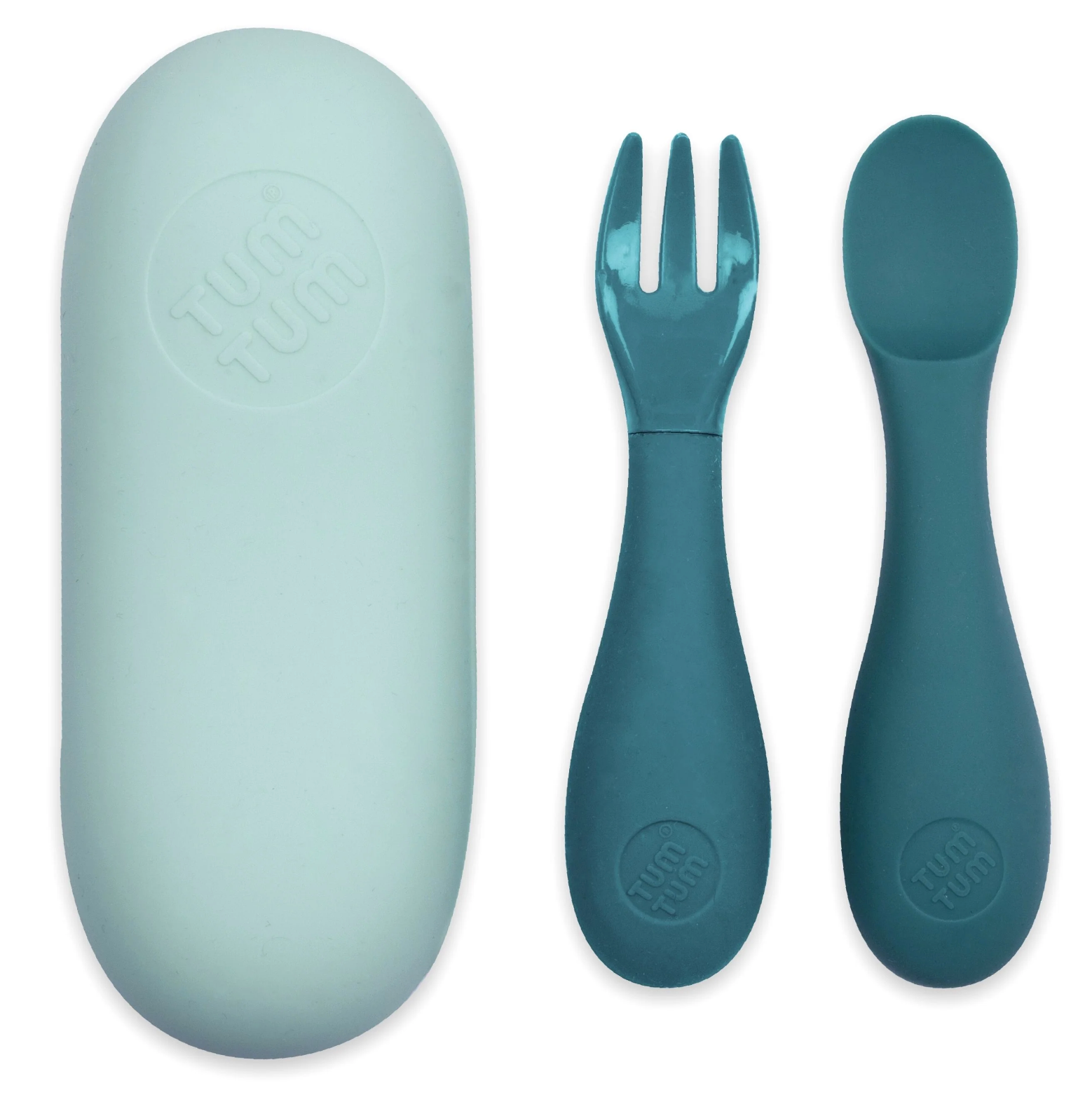 Teal fork and spoon set with carrying case. SILICONE BABY TRAVEL CUTLERY SET WITH CASE - 2 COLOURS | TUM TUM