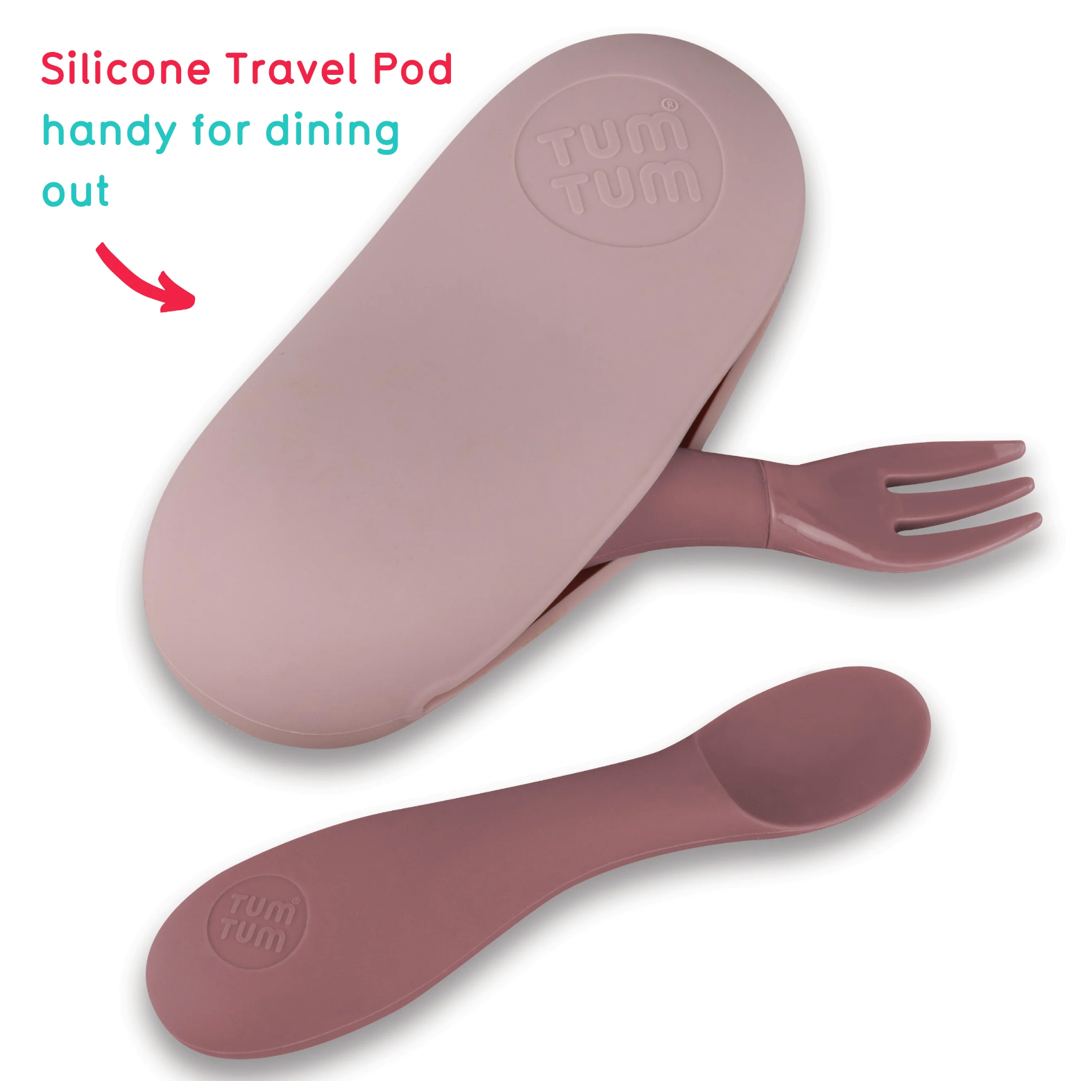 Silicone travel pod with spoon and fork. SILICONE BABY TRAVEL CUTLERY SET WITH CASE - 2 COLOURS | TUM TUM