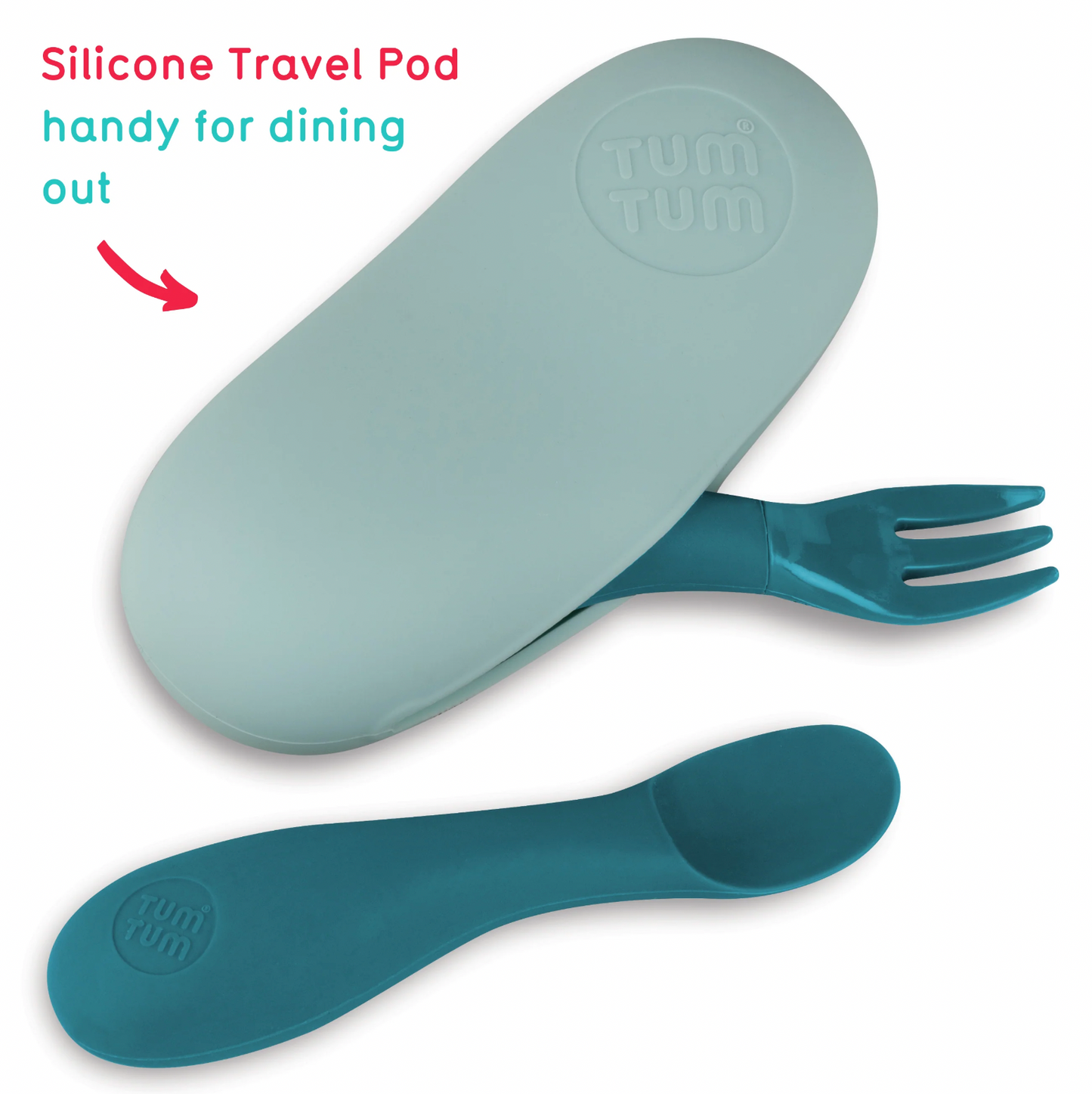 Silicone travel pod with fork and spoon. SILICONE BABY TRAVEL CUTLERY SET WITH CASE - 2 COLOURS | TUM TUM