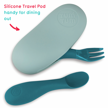 Silicone travel pod with fork and spoon. SILICONE BABY TRAVEL CUTLERY SET WITH CASE - 2 COLOURS | TUM TUM