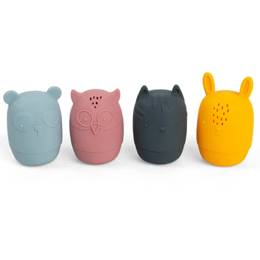 Four animal-shaped containers in blue, pink, gray, and yellow on a white background SILICONE BATH ANIMALS | BIGJIGS