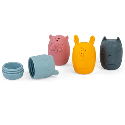 Set of four animal-shaped silicone cups in pastel colors on a white background SILICONE BATH ANIMALS | BIGJIGS