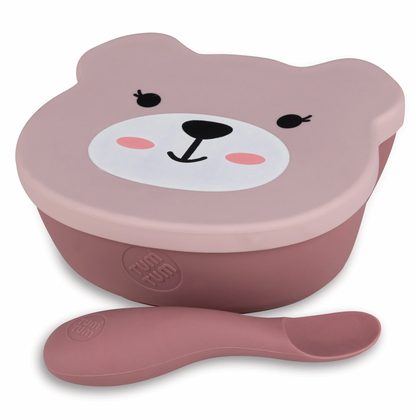 Pink bear-shaped bowl and spoon set. SILICONE TRAVEL WEANING BOWL & SPOON SET - 2 COLOURS | TUM TUM 