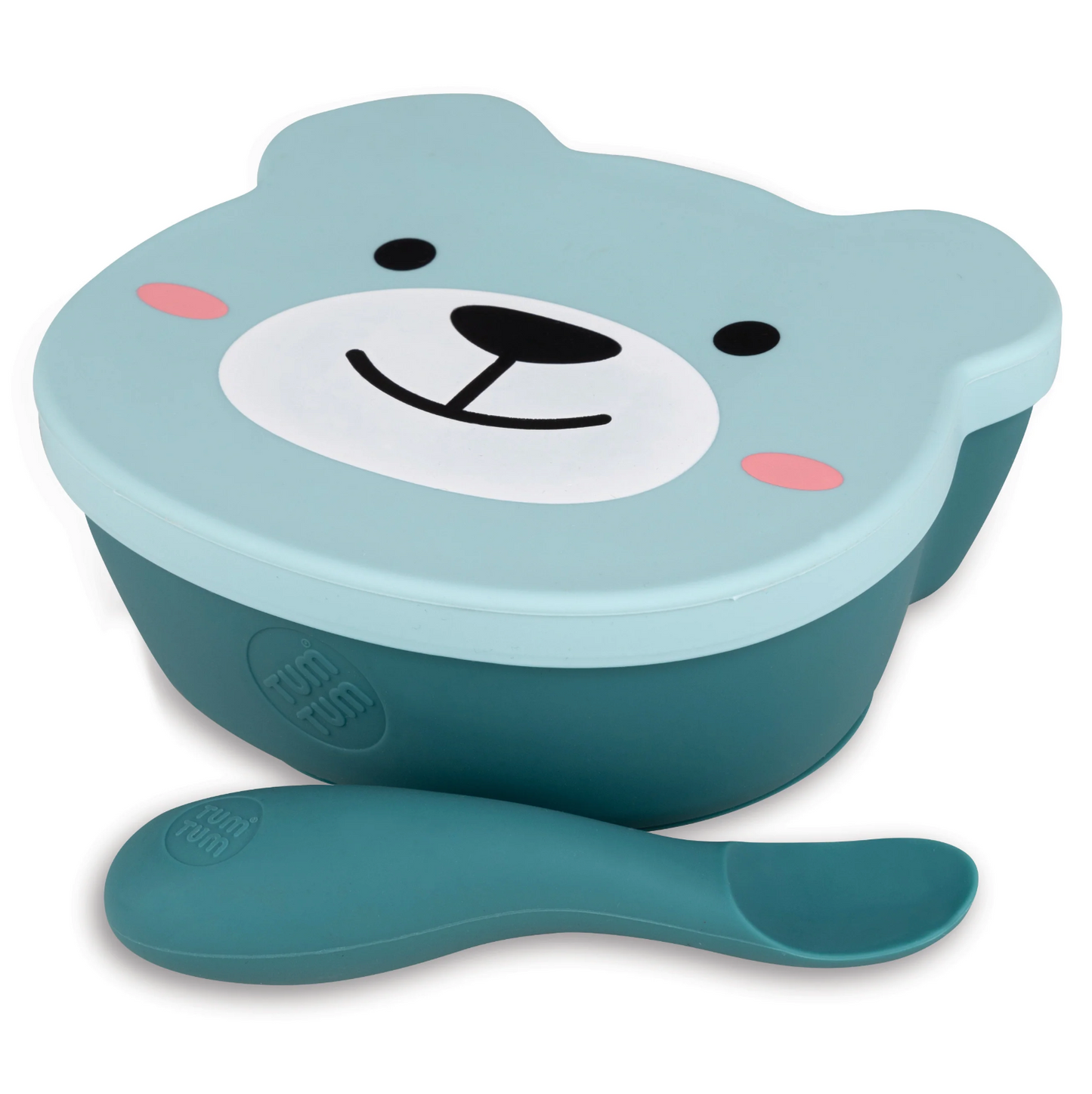 Bear-shaped food container with spoon. SILICONE TRAVEL WEANING BOWL & SPOON SET - 2 COLOURS | TUM TUM 