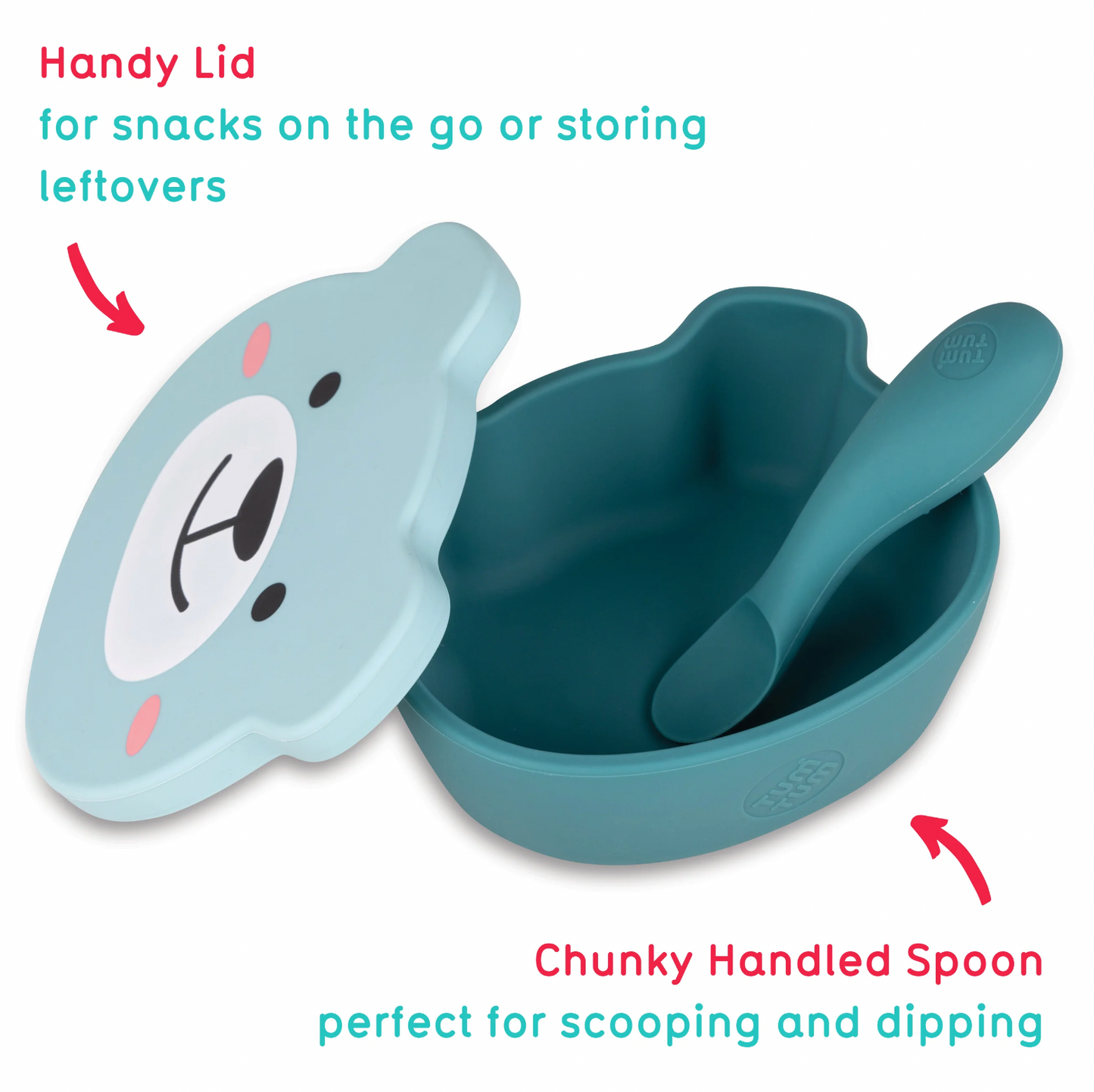 Children's bowl set with lid and spoon. SILICONE TRAVEL WEANING BOWL & SPOON SET - 2 COLOURS | TUM TUM 