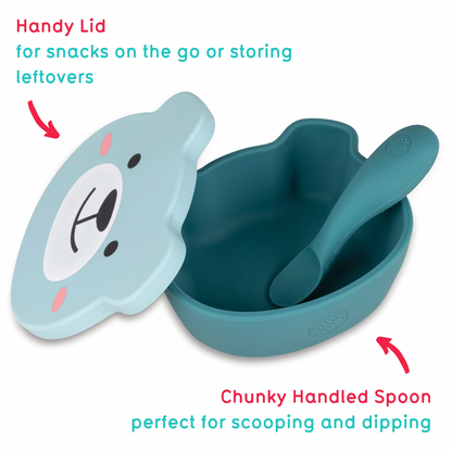Children's bowl set with lid and spoon. SILICONE TRAVEL WEANING BOWL & SPOON SET - 2 COLOURS | TUM TUM 