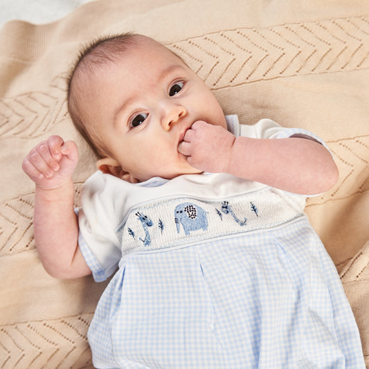 A baby wearing a short-sleeved blue and white romper with a Peter Pan collar, featuring embroidered jungle animals on the chest. SMOCKED JUNGLE FRIENDS COTTON BABY ROMPER WITH PETER PAN COLLAR | DANDELION 