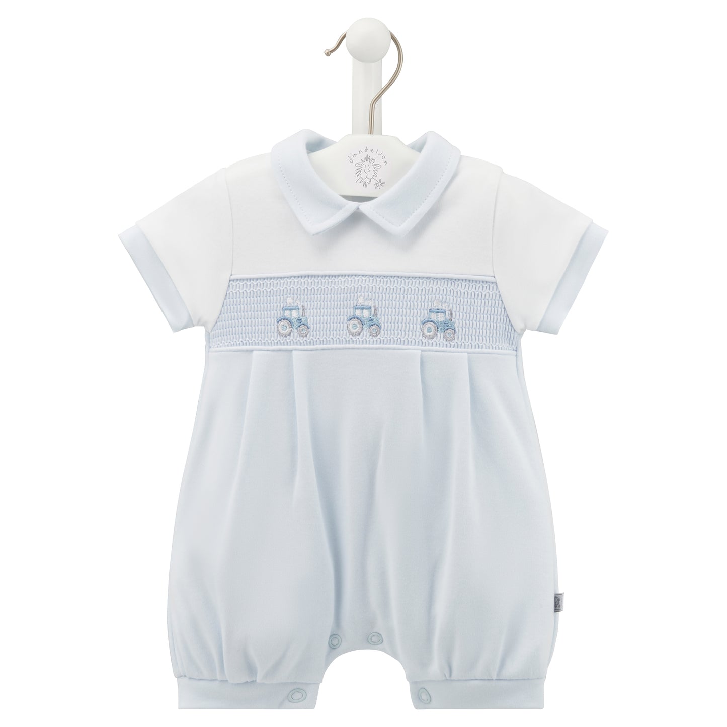 A pink short-sleeved romper with a Peter Pan collar and a smocked tractor design on the chest, displayed on a hanger. SMOCKED TRACTOR COTTON SUMMER ROMPER OUTFIT - BABY BLUE | DANDELION