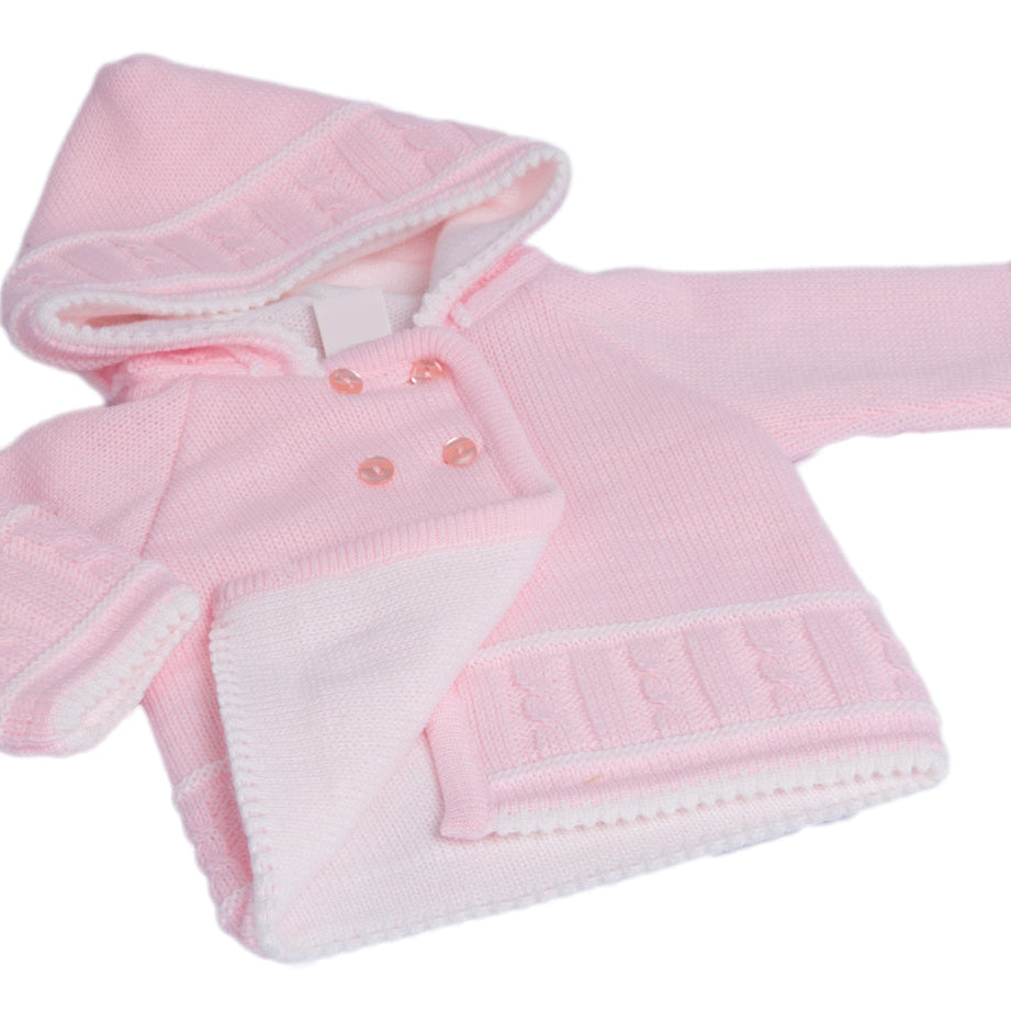 Pink baby jacket with hood on a white background. SOFT KNIT LINED BABY JACKET - PINK | DANDELION