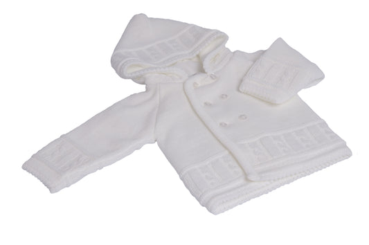 White knitted baby outfit with hat. SOFT KNIT LINED BABY JACKET - WHITE | DANDELION