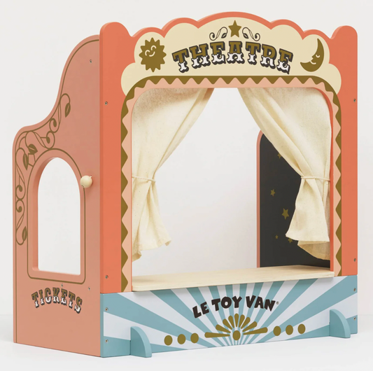 Children's theatre set with curtains and 'Le Toy Van' branding on a white background. TABLETOP PUPPET THEATRE | LE TOY VAN
