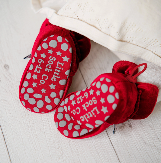 The Little Sock Company baby booties in  Red velvet with non slip soles STAY-ON, NON-SLIP BOOTIES - RED VELVET | THE LITTLE SOCK CO.