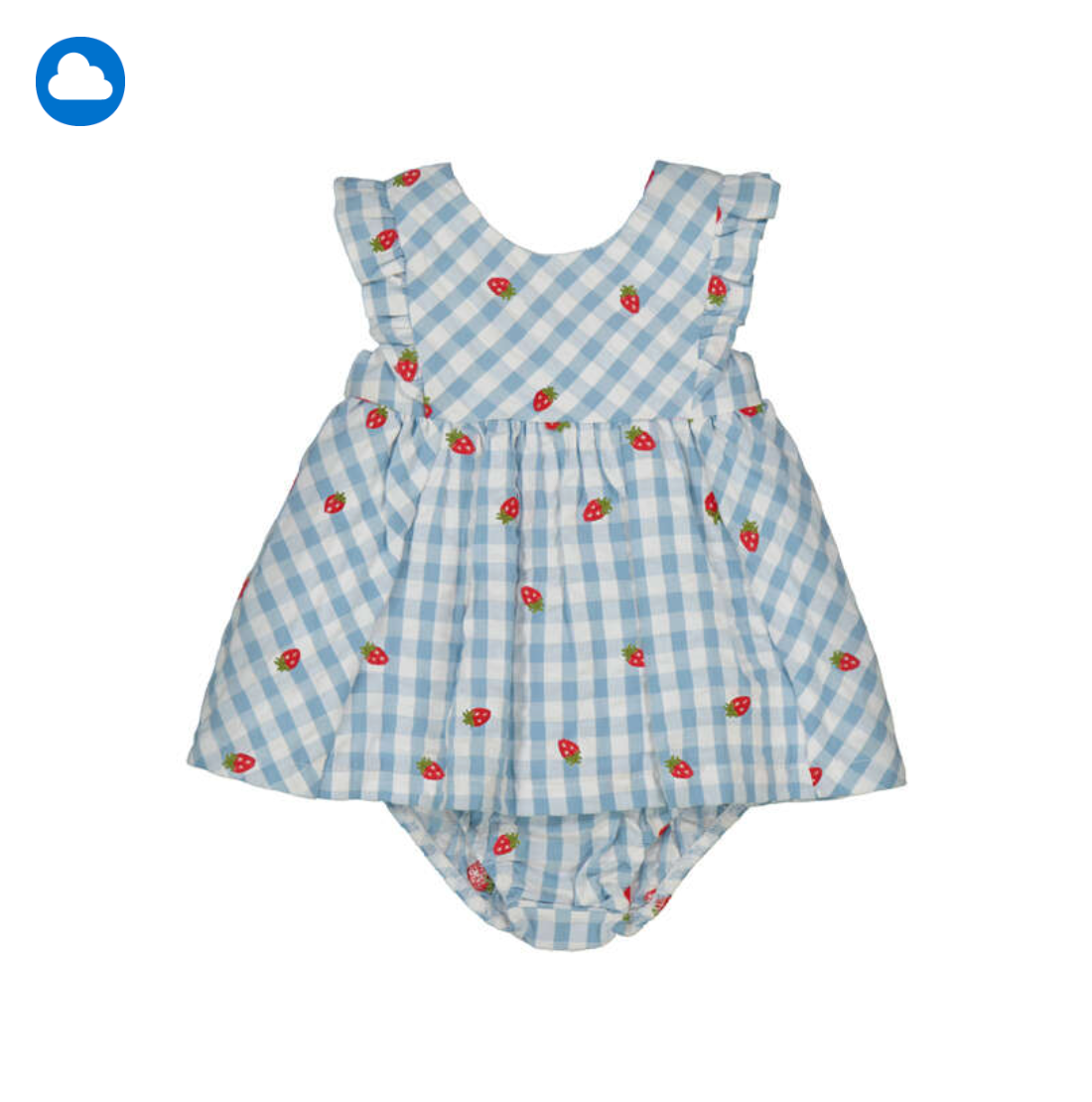 Girls Mayoral Blue and white checkered baby romper and knickers with strawberry pattern