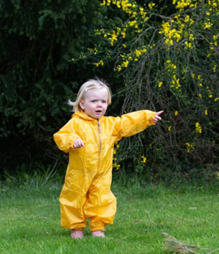 Hippychick Yellow kids rain suit with hood and a matching pouch. WATERPROOF TODDLER ALL-IN-ONE PACKASUITS - YELLOW | HIPPYCHICK 