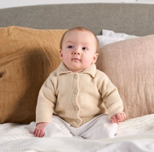 TAUPE KNITTED BABY CARDIGAN WITH COLLAR - 100% ACRYLIC, 0–12 MONTHS