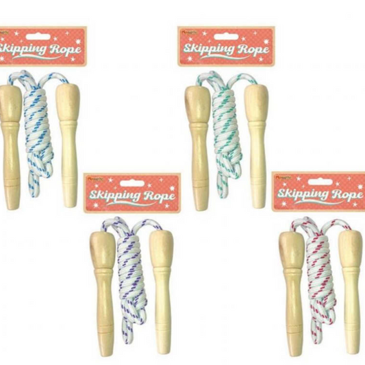 WOODEN HANDLED SKIPPING ROPE - 3 COLOURS