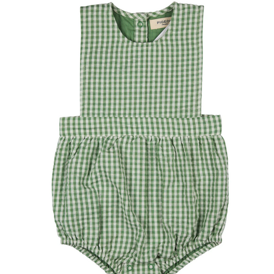 BABY ORGANIC COTTON SEERSUCKER BIB ROMPER - GREEN | PIGEON ORGANICS