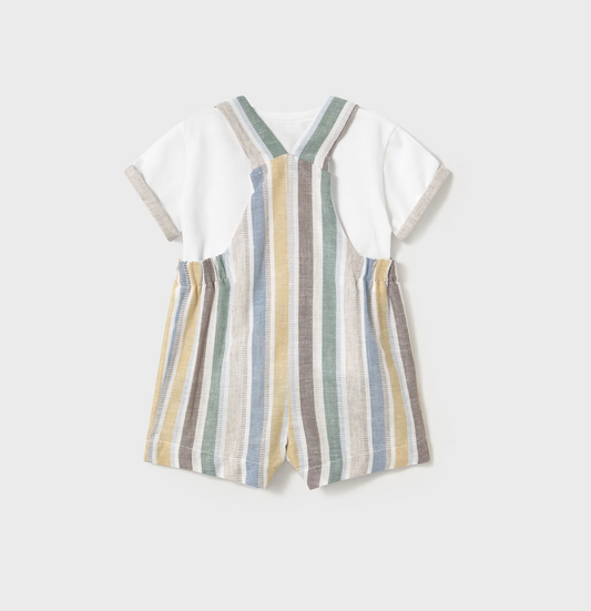MAYORAL NEWBORN STRIPED LINEN DUNGAREES AND T-SHIRT SET