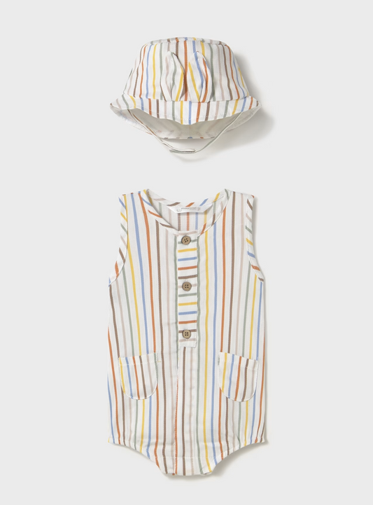MAYORAL NEWBORN STRIPE ROMPER WITH HAT