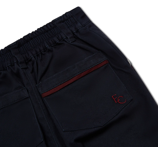 ELASTICATED WAIST CHINO TROUSERS - NAVY WITH BURGUNDY TRIM